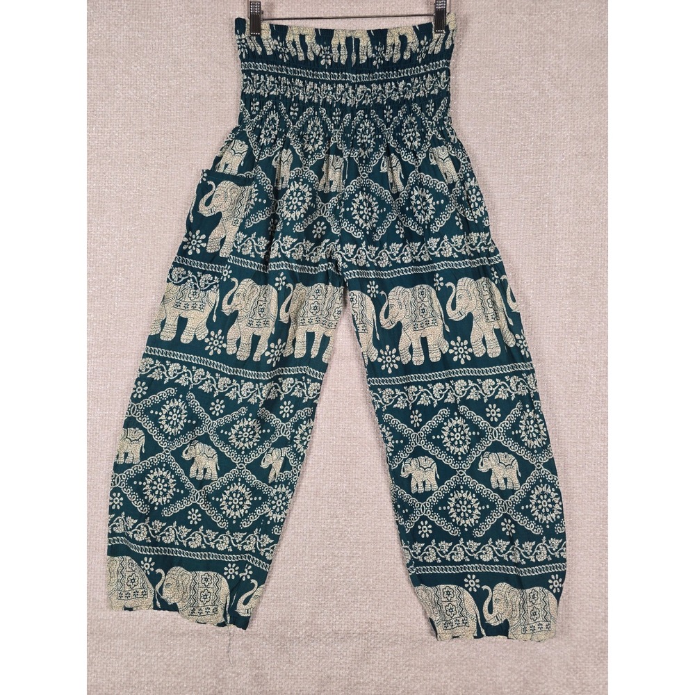 Eastern Serenity Teal Elephant Print Smocked Waist Harem Pants L/XL Boho Yoga